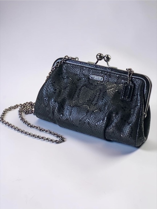 Coach Handbags - Coach Kisslock Black Python Snake-Textured Frame Clutch Chain Bag